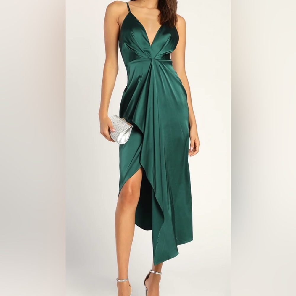 Emerald Green Satin Ruffled Midi Dress
